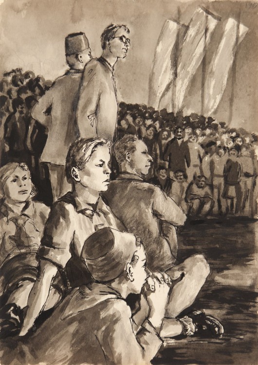 Andrzej Wróblewski, „Oglądamy występ zespołu radzieckiego”, 1951, tusz, papier, dzięki uprzejmości Fundacji Andrzeja Wróblewskiego(źródło: materiały prasowe organizatora)