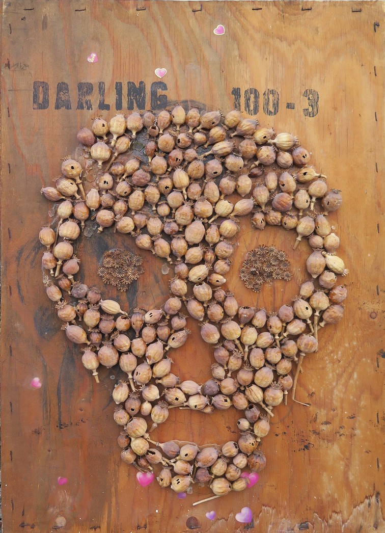 Jiří David, „Darling 100-3”, 2001, makówki na drewnie (źródło: materiały prasowe galerii)