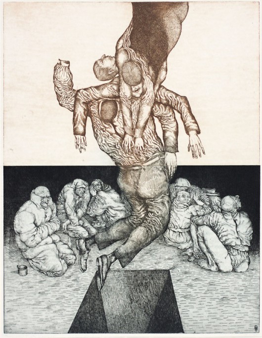 Leszek Rózga, „Przenikanie X albo Lewitacja”, 1970, akwaforta, 64,5x49,5, wł. Miejska Galeria Sztuki w Łodzi, fot. Mariusz Łukawski (źródło: materiały prasowe organizatora)