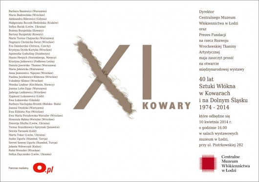 „XL lat Sztuki Włókna w Kowarach i na Dolnym Śląsku 1974 – 2014”, Centralne Muzeum Włókiennictwa w Łodzi, zaproszenie (źródło: materiały prasowe organizatora)