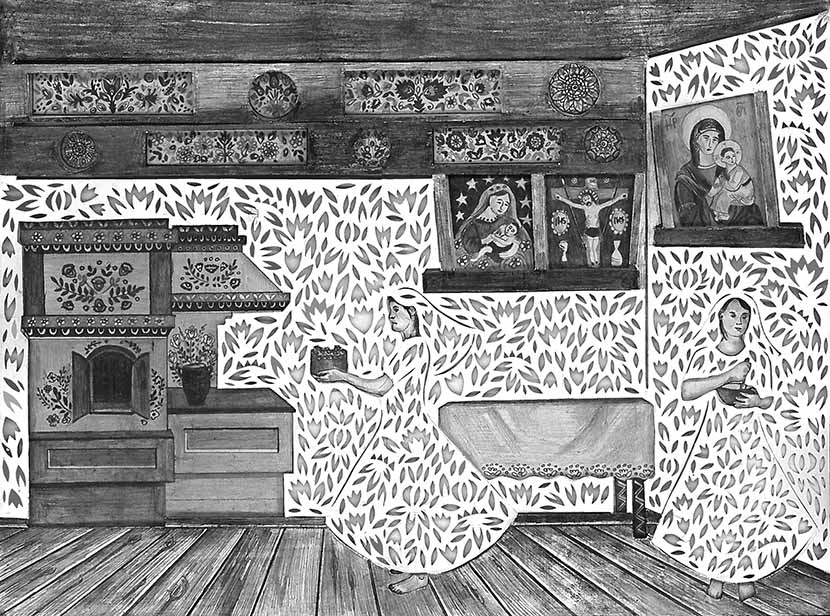 Berenika Kowalska, „Pieczenie kołaczy", 2012, 34x46 cm, wycinanka, ołówek, karton (źródło: materiały prasowe organizatora)