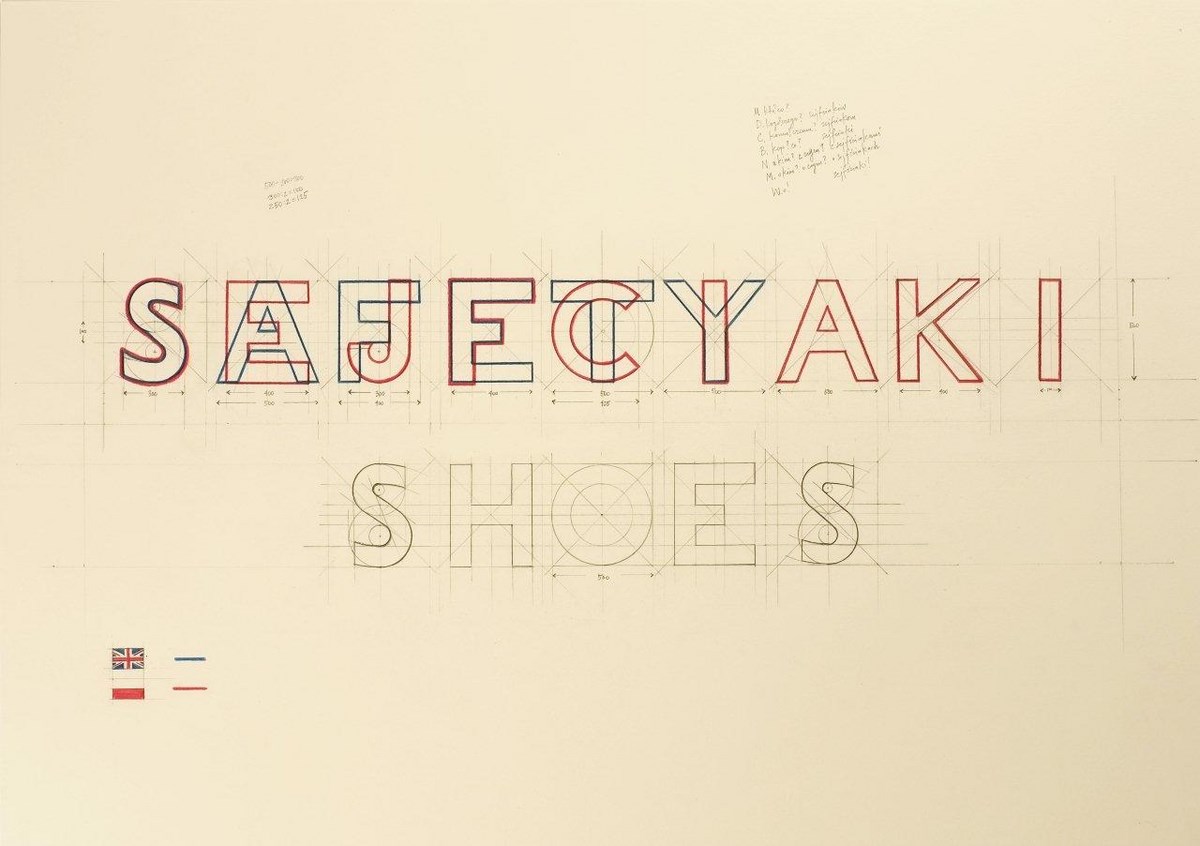 Małgorzata Dawidek Gryglicka, z cyklu „Ponglish – s” (safety (shoes) / sejfciaki), Londyn 2014, ołówek i kredka na papierze, 42x59cm, foto: the pics captor (źródło: materiały prasowe organizatora)