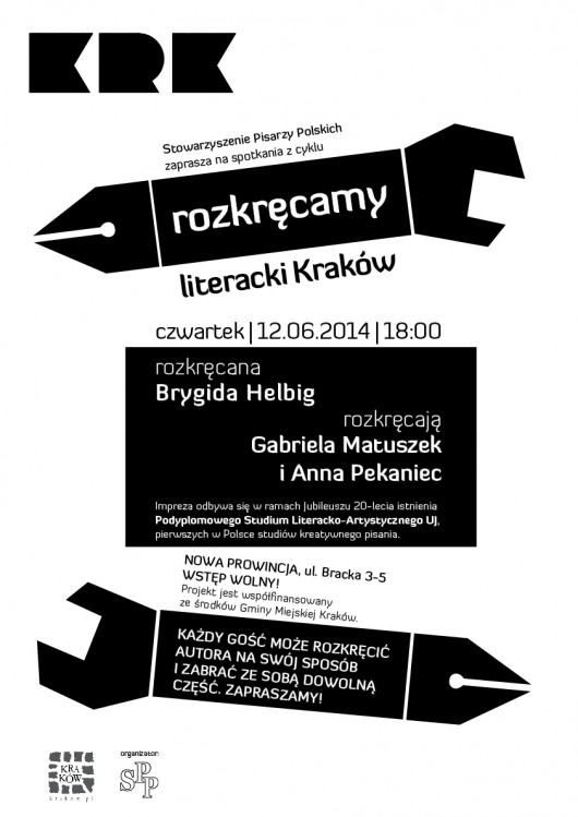 Brygida Helbig, spotkanie z cyklu „Rozkręcamy Literacki Kraków”, plakat (źródło: materiały prasowe organizatora)
