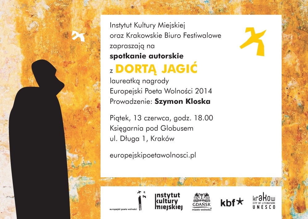 Dorta Jagić, spotkanie, Księgarnia Pod Globusem w Krakowie, plakat (źródło: materiały prasowe organizatora)