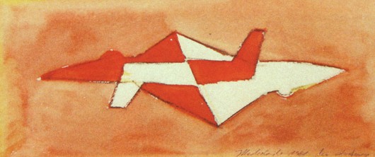 Jarosław Modzelewski, „Dwa odrzutowce”, gwasz, papier, 11,5 x 26,5 cm, 1981, Kolekcja Galerii Zderzak, Kraków (źródło: materiały prasowe organizatora)