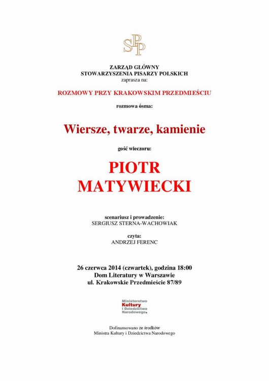 Zaproszenie na spotkanie poświęcone Piotrowi Matywieckiemu, Dom Literatury w Warszawie (źródło: materiały prasowe organizatora)