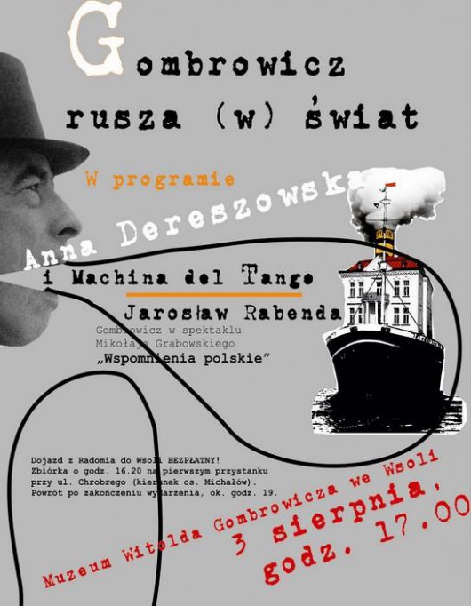 „Gombrowicz rusza (w) świat", plakat, Muzeum Witolda Gombrowicza we Wsoli (źródło: materiały prasowe organizatora)