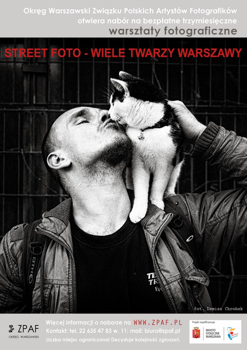 Warsztaty „Street Foto – Wiele twarzy Warszawy”, Okręg Warszawski ZPAF, plakat (źródło: materiały prasowe organizatora)