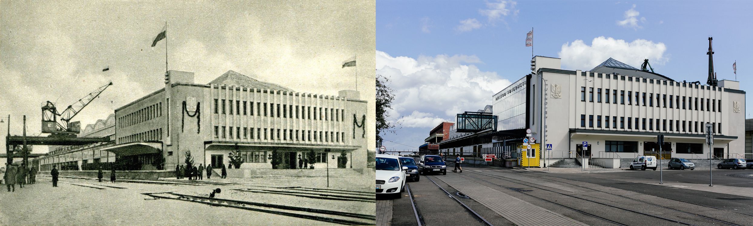 Dworzec Morski w 1934 r. vs. Dworzec Morski w. 2014 r. (źródło: materiały prasowe Muzeum Emigracji)