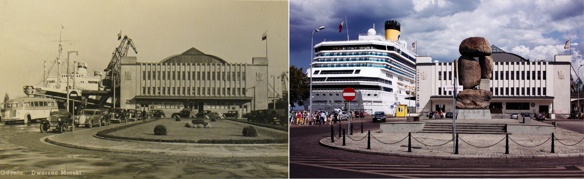 Dworzec Morski w 1936 r. vs. Dworzec Morski w. 2014 r. (źródło: materiały prasowe Muzeum Emigracji)