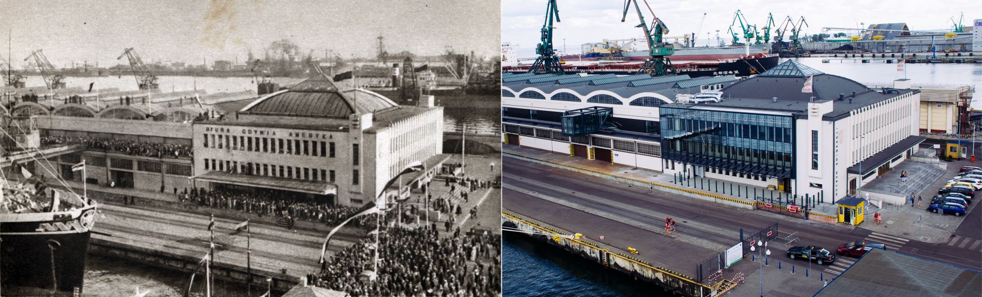 Powitanie statku MS Piłsudzki w 1936 r. vs. Dworzec Morski w. 2014 r. (źródło: materiały prasowe Muzeum Emigracji)