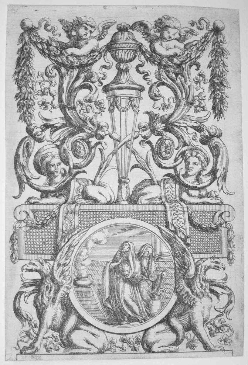 Antoine Pierretz II (czynny ok. 1660–1666), ornamant z parą sfinksów i dwoma gryfami, akwaforta, papier; ze zbiorów Biblioteki Naukowej PAU i PAN w Krakowie (źródło: materiały prasowe Zamku Książąt Pomorskich)