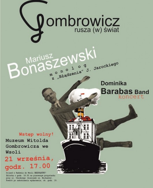 „Gombrowicz rusza (w) świat”, plakat, Muzeum Witolda Gombrowicza we Wsoli (źródło: materiały prasowe organizatora)