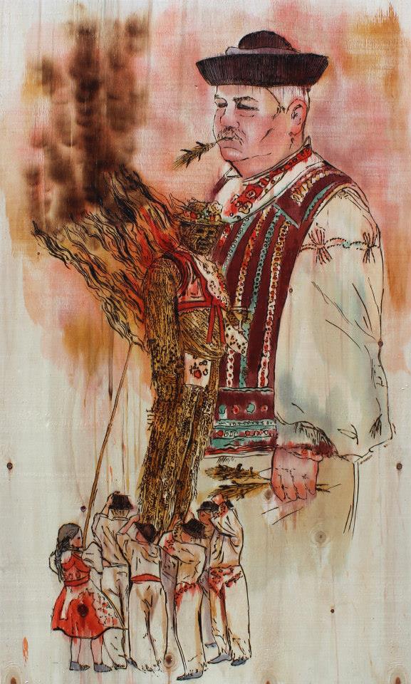 Mitríková & Demjanovič, „Ognie św. Antonna”, 125 x 78 cm, pirografia na drewnie, 2014 (źródło: materiały prasowe organizatora)