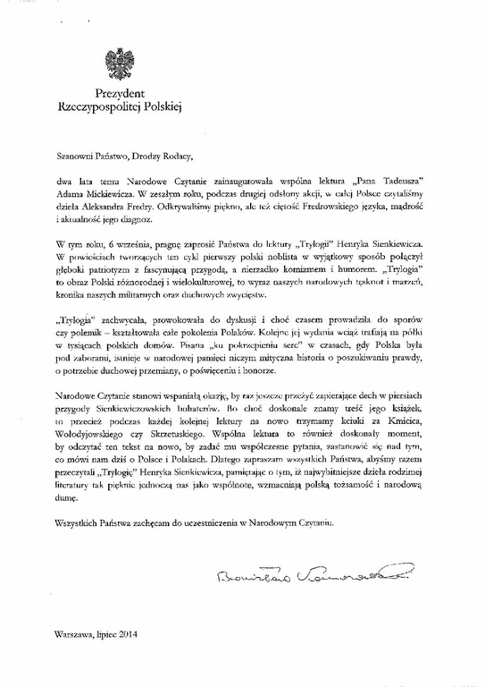 List prezydenta RP Bronisława Komorowskiego, dotyczący Narodowego Czytania Sienkiewicza (źródło: materiały prasowe)
