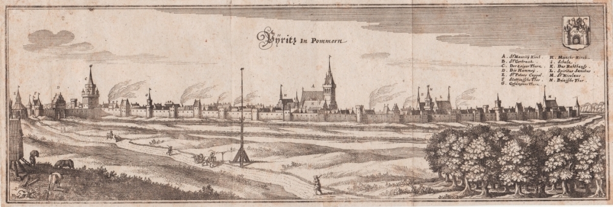 Warszat Matthauesa Mariana, Panorama Pyrzyc, 1652, miedzioryt, papier; własność prywatna (źródło: materiały prasowe Zamku Książąt Pomorskich)