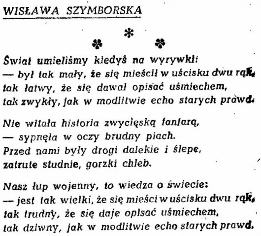 Wisława Szymborska – „Świat umieliśmy na wyrywki”, wiersz pochodzący z tomu „Czarna piosenka” (źródło: materiały prasowe wydawcy)