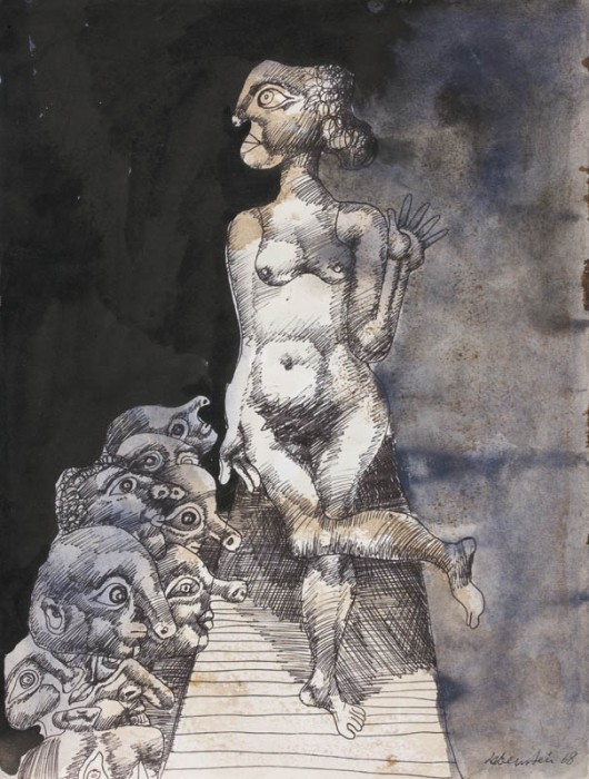 Jan Lebenstein, „Kobieta na schodach. Topless”, 1968, gwasz na papierze, wł. Muzeum Literatury w Warszawie (źródło: materiały prasowe organizatora)