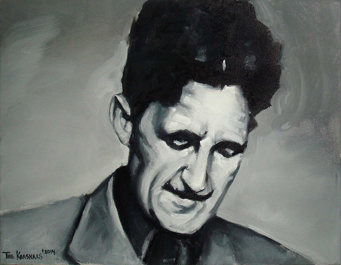 The Krasnals, „George Orwell. Dlatego kobiety są 'bezmyślne'. Nie muszą bowiem myśleć, bo one same są wnioskami z myślenia”, z cyklu „GoodFellas”, 2014, olej, płótno, 35x45 cm, foto – The Krasnals (źródło: materiały prasowe organizatora)