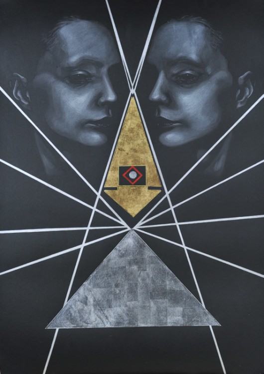 Marta Gałecka, „Bez tytułu”, suchy pastel i szlagmetal na czarnym papierze, 100x70cm, 2014 (źródło: materiały prasowe organizatora)