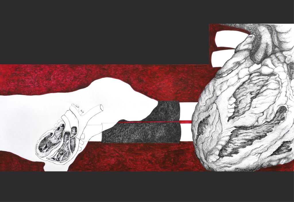 Małgorzata Kręcka-Rozenkranz, „Miłość i inne demony”, rysunek tuszem, lakier do paznokci, 100x70 cm, 2010–2012 (źródło: materiały prasowe organizatora)