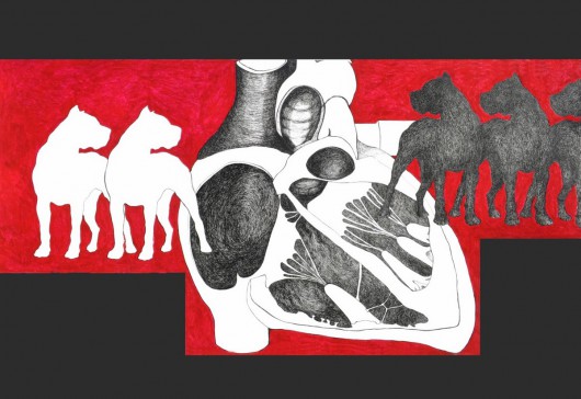 Małgorzata Kręcka-Rozenkranz, „Miłość i inne demony”, rysunek tuszem, lakier do paznokci, 100x70 cm, 2010–2012 (źródło: materiały prasowe organizatora)