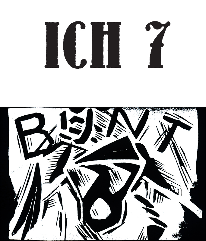 Logotyp prezentacji „Ich 7” (2015), kuratorka: Lidia Głuchowska, proj. Franciszek Otto, linoryt (negatyw): Stanisław Kubicki (źródło: materiały prasowe)