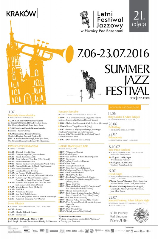 „XXI Letni Festiwal Jazzowy w Piwnicy pod Baranami” – plakat (źródło: materiały prasowe organizatora)