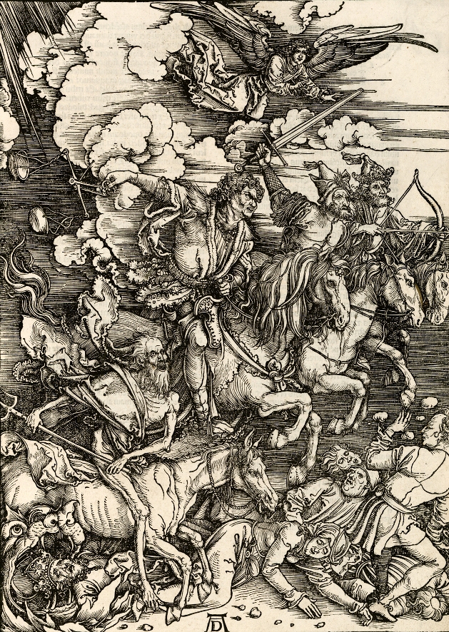 Albrecht Dürer, „Czterech jeźdźców Apokalipsy”, 1511, z cyklu „Apocalypsis cum figuris”, papier, drzeworyt wzdłużny, 39,6 x 28,1, Muzeum Narodowe w Gdańsku (źródło: materiały prasowe organizatora)