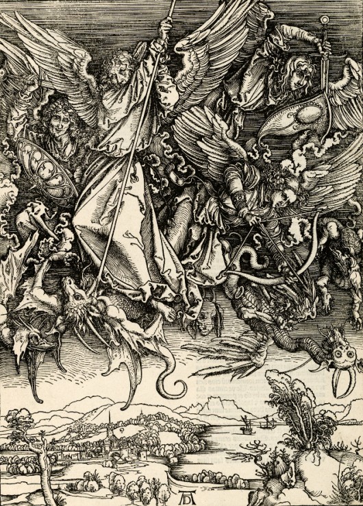 Albrecht Dürer, „Walka archanioła Michała ze smokiem”, 1511, z cyklu „Apocalypsis cum figuris”, papier drzeworyt wzdłużny, 39,5 x 28,3 cm, Muzeum Narodowe w Gdańsku (źródło: materiały prasowe organizatora)