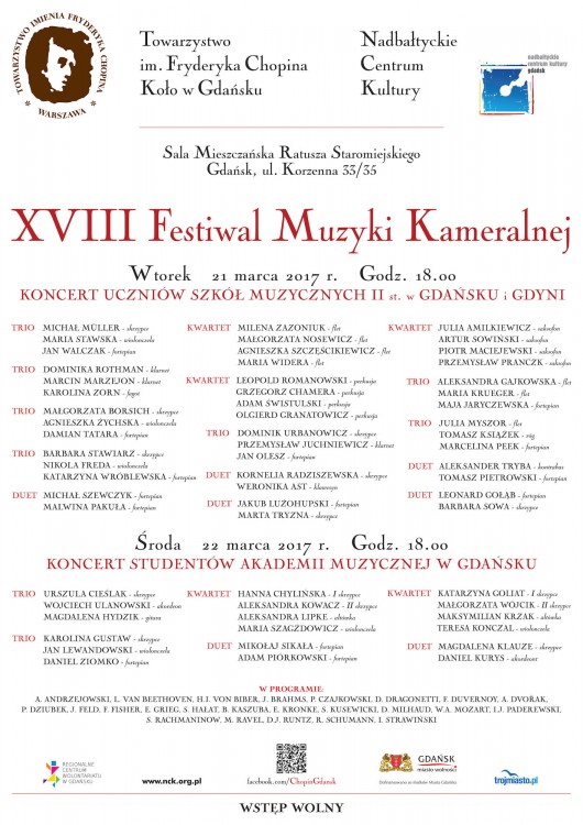 XVIII Festiwal Muzyki Kameralnej – plakat (źródło: materiały prasowe organizatora)