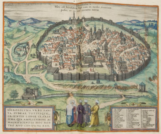 „Plan Jerozolimy otoczonej murem”, z drugiego tomu atlasu miast Georga Bruna I Franza Hogenberga zatytułowanego Civitates orbis terrarum, wydanego w Kolonii w 1588 roku (źródło: materiały źródłowe organizatora)