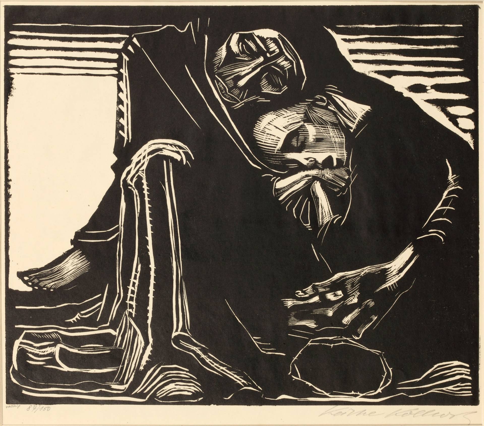 Käthe Kollwitz (1867-1945), „Śmierć z kobietą na kolanach”, 1920/21, papier, drzeworyt, Muzeum Narodowe w Szczecinie (źródło: materiały prasowe organizatora)