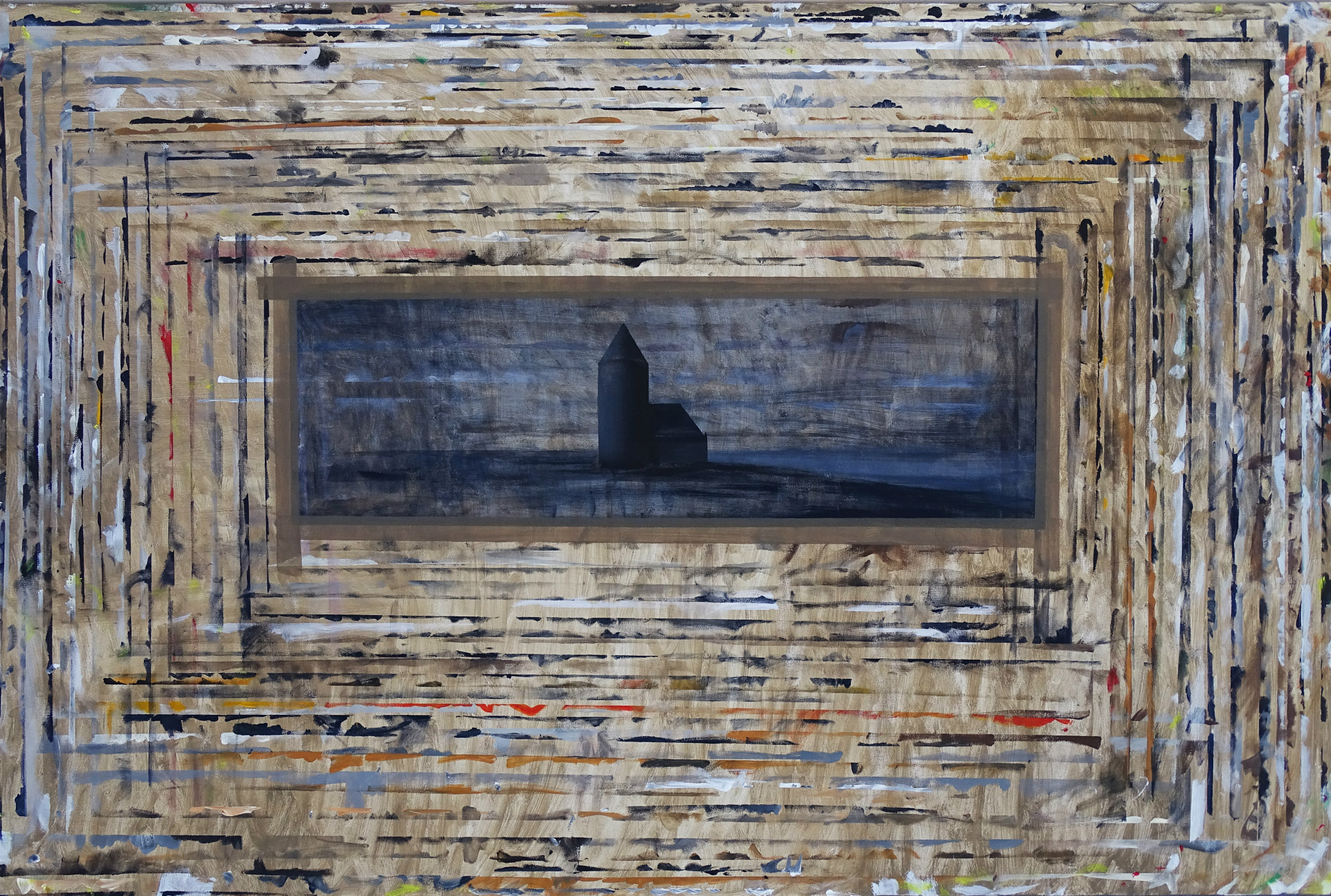 Dariusz Mlącki, Deska z obrazkiem z kościółkiem, 2016 , akryl i olej na płótnie,150 × 100 cm (źródło: materiały prasowe)