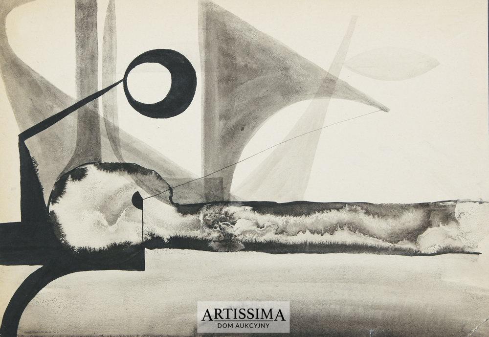 Urszula Broll (ur. 1930), Pejzaż, 1957–1959, tusz/papier, 23 x 33 cm (źródło: Dom Aukcyjny Artissima – materiały prasowe)