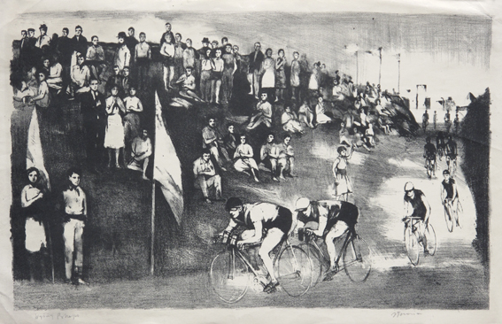 "Wyścig Pokoju", lata 50 - te, litografia, papier, 31x51cm