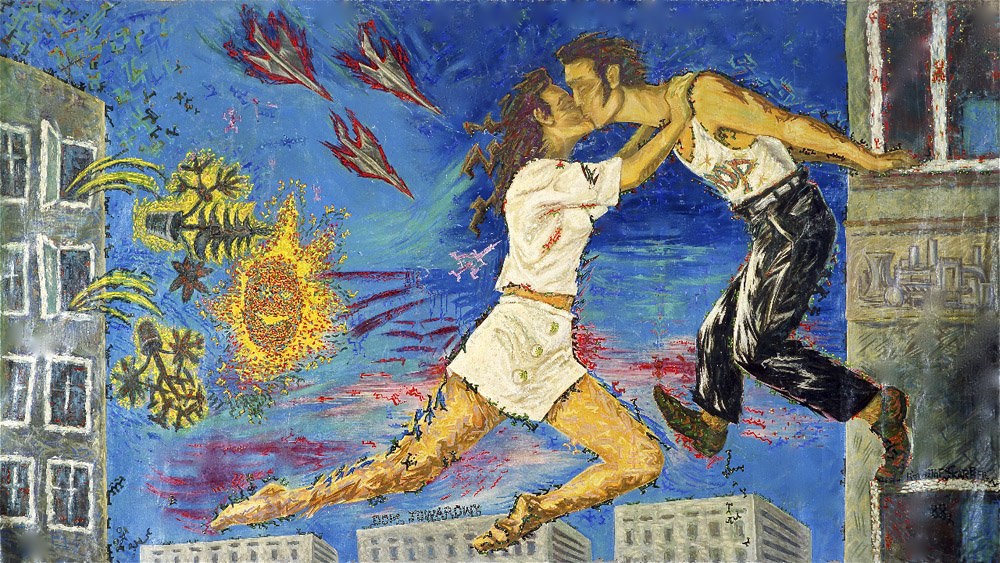 Krzysztof Skarbek, Sierpniowym porankiem całujemy się za oknem, 1987, akryl, olej, płótno, 280 x 450 cm