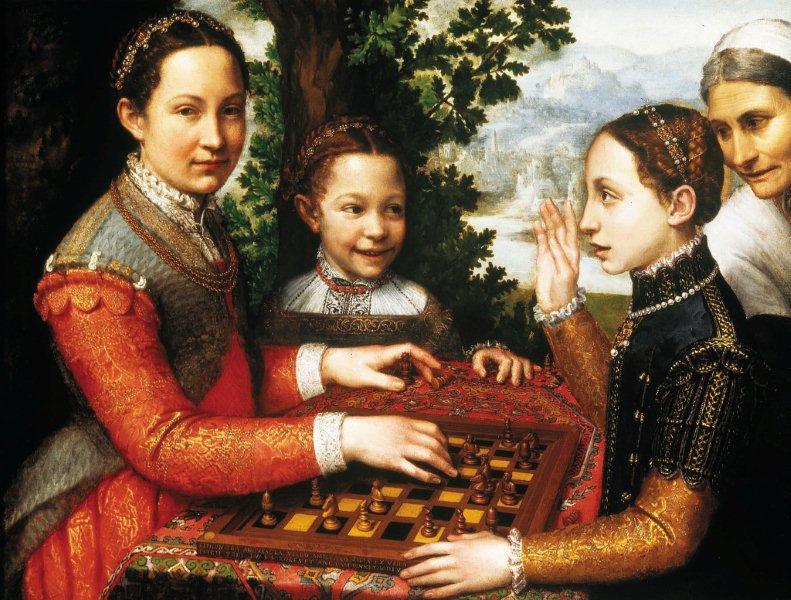 Kategoria dotyk: Sofonisba Anquisciola obraz „Partia szachów” 1555 Obraz przedstawia scenę w plenerze: cztery osoby przy stoliku szachowym. Kolorystyka ciemna; dominują brązy, zielenie, pomarańcze.