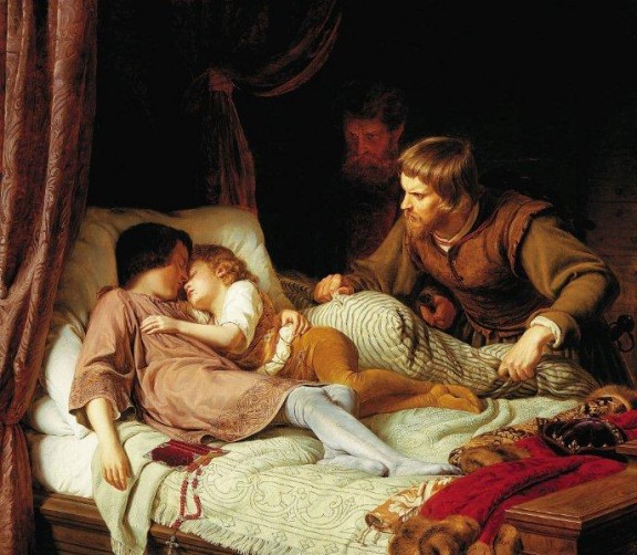 Kategoria wzrok: Ferdinand Theodor Hildebrandt obraz „Zabójstwo synów Edwarda IV” 1835 Obraz przedstawia dwóch śpiących chłopców oraz dwóch mężczyzn w komnacie. Scena rozgrywa się w nocy Dominują różne odcienie brązu, na ich tle wybijają się jasne plamy: biel, beż i szarość.