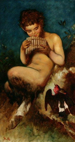 Kategoria słuch: Hans Makart obraz “Faun grający na syrindze” ok. 1870 Obraz przedstawia fauna grającego na syrindze oraz głuszca. Scena rozgrywa się w lesie. Dominują barwy jasne na pierwszym planie: beże, róż, brąz, biel. Ciemnozielone tło.