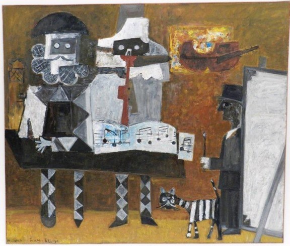 Kategoria słuch: Jerzy Piotrowicz obraz „Muzykanci w pracowni Picassa” 1994 Obraz przedstawia dwóch muzykantów w pracowni Pabla Picassa. Dominujące barwy to biel i czerń. Tło brązowe. Obraz łączy w sobie cechy malarstwa figuratywnego - ponieważ przedstawia fragment rzeczywistości - oraz abstrakcyjnego - ze względu na uproszczony, zgeometryzowany sposób prezentacji.