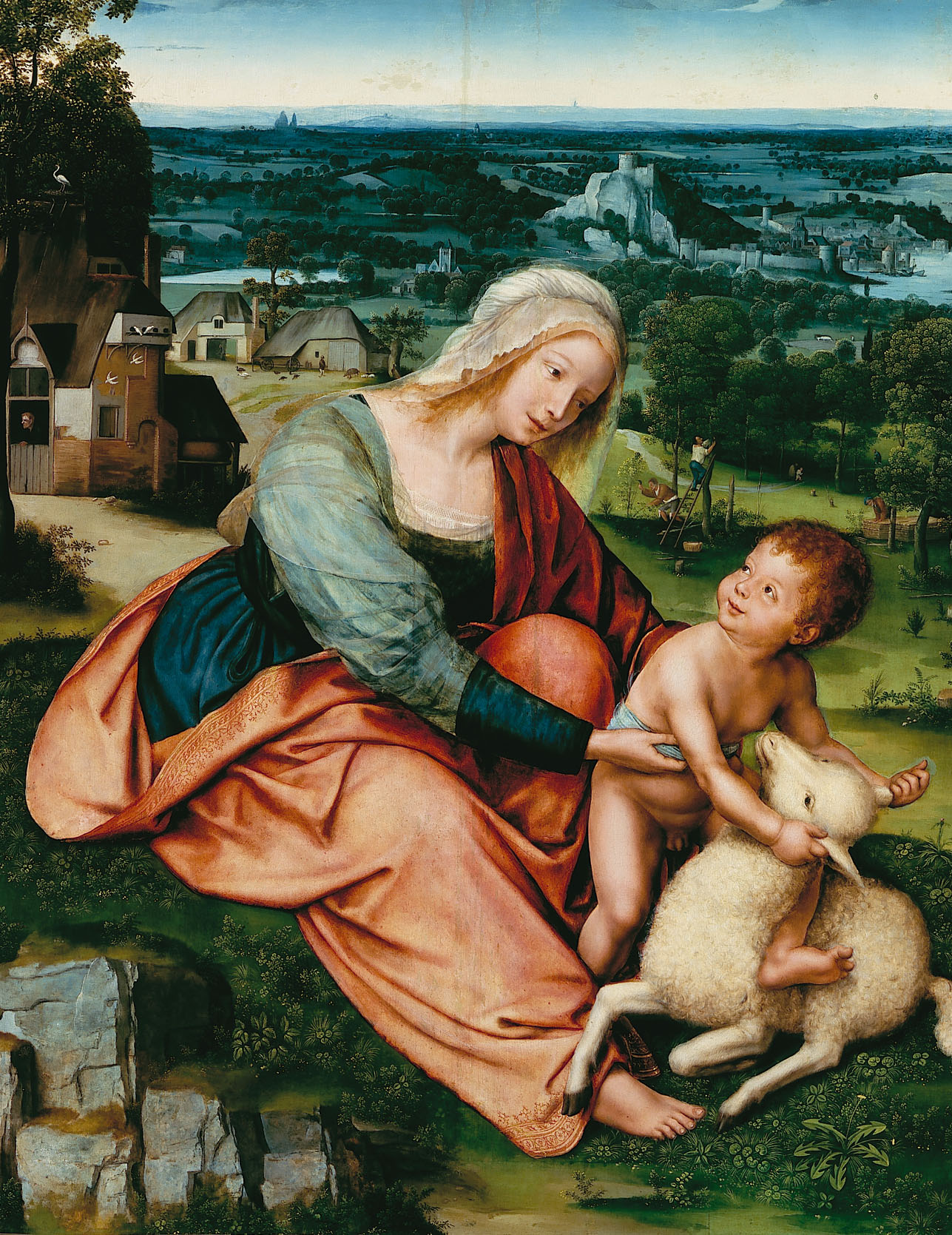 Kategoria dotyk: Quentyn Massays obraz „Madonna z Dzieciątkiem” 1520 Obraz przedstawia Madonnę z Dzieciątkiem i barankiem. Scena rozgrywa się w plenerze. Na pierwszym planie dominują intensywne kolory: czerwień, błękit, biel, róż oraz zieleń. Drugi plan utrzymany jest w spokojnej kolorystyce z dominującą rolą zieleni. Na trzecim planie różne odcienie błękitu.
