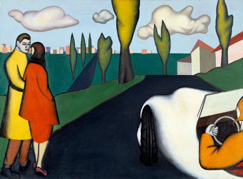 Kategoria zapach: Kajetan Sosnowski obraz „Spacer na Bielany” 1956 Obraz przedstawia drogę wiodącą ku blokom na horyzoncie. Na niej mężczyzna, kobieta oraz samochód. Na obrazie dominuje czerń i zieleń. Na ich tle wybijają się barwy: żółta, czerwona, biała i pomarańczowa.