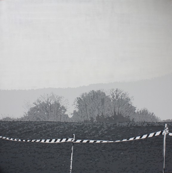 Artur Trojanowski, „Niebezpieczeństwo lub zakaz wstępu” z cyklu „Pejzaże”, 2012, szablon, akryl, płótno, 195 x 195 cm (źródło: materiały prasowe)