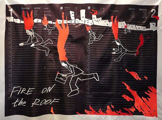 Volodymyr Kuznetsov, "Pożar na dachu" z cyklu Pamiętnik, 2011, 102 x 165 cm, haft i druk na tkaninie