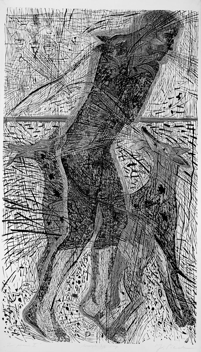 Joanna Piech, „Z psami II”, linoryt, 152 x 89 cm (ok. 160 x 95 cm), 2003 (źródło: materiały prasowe organizatora)