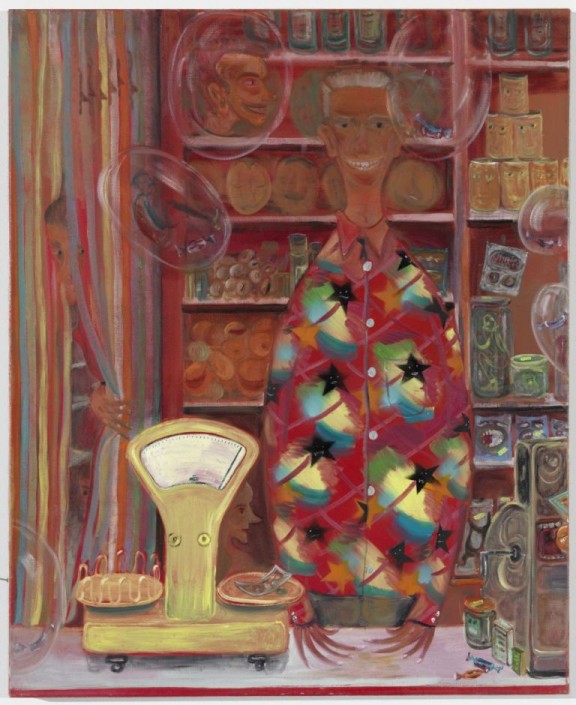 Tomasz Kowalski, „Bez tytułu (Sklep)”, 2012, olej, akryl, płótno, 120 x 95cm, (źródło: materiały prasowe Galerii Bielskiej BWA)