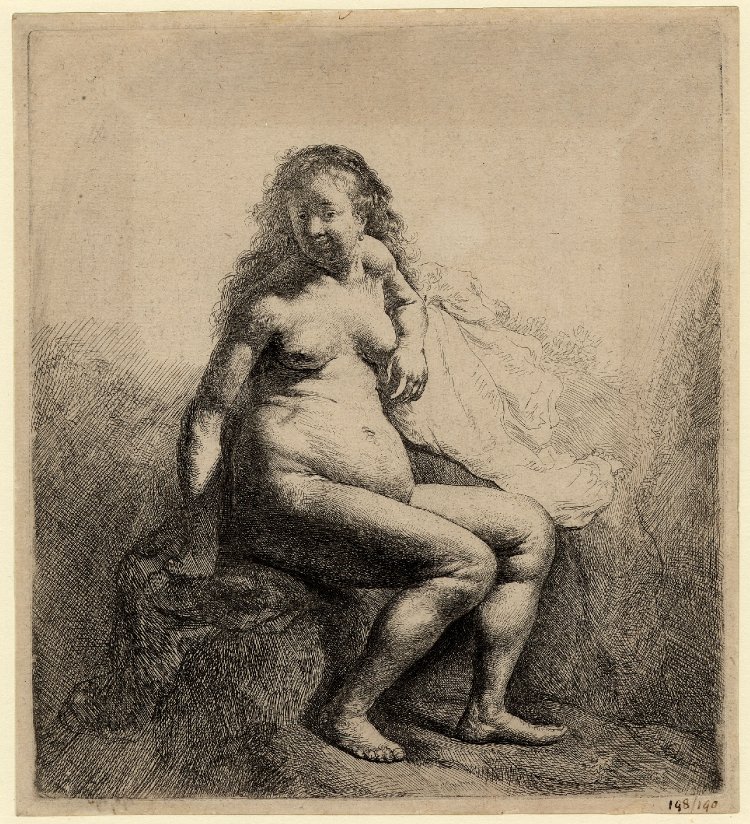Rembrandt van Rijn, „Kobieta siedząca na wzniesieniu” (ze zbiorów Gabinetu Rycin Biblioteki Naukowej PAU i PAN w Krakowie)