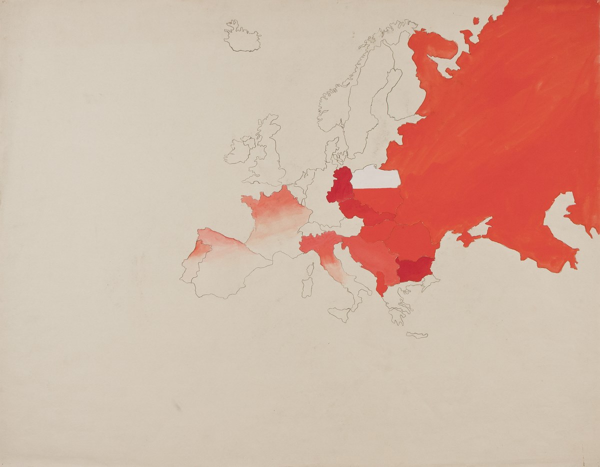 Jarosław Modzelewski, „Mapa z procentem skomunizowania” z cyklu „rysunki kryptopolityczne”, 1981, gwasz, papier, wł. autora (źródło: materiały prasowe organizatora)