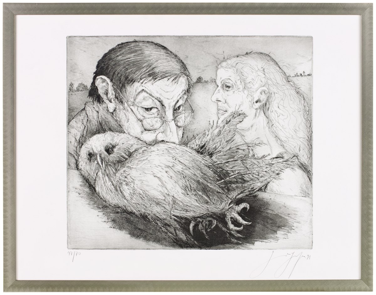 Günter Grass, „Z martwą sową”, 1991, akwaforta, 53x67 cm, fot. Wojciech Kuberski (źródło: materiały prasowe organizatora)